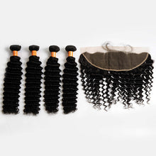 Load image into Gallery viewer, 10a Deep Wave Bundles with Frontal Closure Human Hair Bundles with 13x4 Frontal 4 pc/Lot Virgin Hair Weave 4 Bundles with Frontal