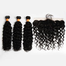 Load image into Gallery viewer, 10a Water Wave Human Hair Bundles With 13x4 Frontal Closure Brazilian Hair Weave Bundles With Lace Frontal Closure Virgin Hair