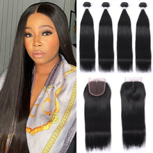 Load image into Gallery viewer, 8A Straight Brazilian Human Hair 4 Bundles with 4x4 Closure