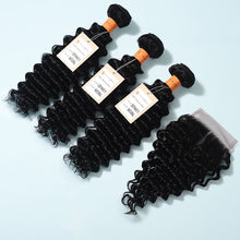 Load image into Gallery viewer, NY Virgin Hair 9a Deep Wave 3 Bundles With 4x4 Lace Closure Virgin Human Hair Bundles Human Hair Extensions