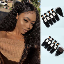 Load image into Gallery viewer, 9a Deep Wave Hair Weave 4 Bundles With 4x4 Lace Closure Human Hair Deep Wave Bundles With Closure