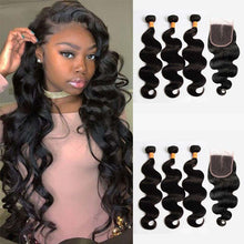 Load image into Gallery viewer, NY Virgin Hair 10a Body wave Hair 3 Bundles With 4x4 Closure Brazilian Human Hair Bundles With Closure Middle Part 3pcs/lot Weave