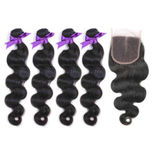 Load image into Gallery viewer, NY Virgin Hair 8a Brazilian Body Wave 4 Bundles With 4x4 Closure Human Hair Extensions