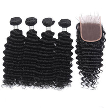 Load image into Gallery viewer, NY Virgin Hair 8a Deep Wave Human Hair 4 Bundles With 4x4 Closure