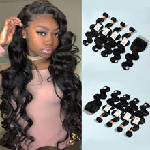 Load image into Gallery viewer, 9a Body Wave Virgin Hair 4 Bundles With 4x4 Lace ClosureHuman Hair Bundles With Lace Closure Virgin Hair Extension
