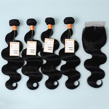 Load image into Gallery viewer, 9a Body Wave Virgin Hair 4 Bundles With 4x4 Lace ClosureHuman Hair Bundles With Lace Closure Virgin Hair Extension
