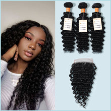 Load image into Gallery viewer, NY Virgin Hair 9a Deep Wave 3 Bundles With 13x4 Lace Frontal Raw Virgin Human Hair 3 Bundles With Closure
