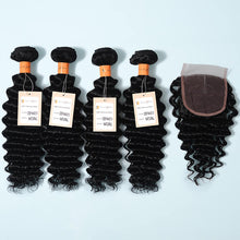 Load image into Gallery viewer, 9a Deep Wave Hair Weave 4 Bundles With 4x4 Lace  Closure Human Hair Deep Wave Bundles With Closure
