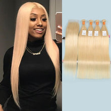 Load image into Gallery viewer, NY Virgin Hair 613 Straight human hair 4 Bundles+4x4 Lace Closure
