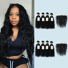 Load image into Gallery viewer, NY Virgin Hair 9a 4 Bundles Water Wave With 13x4 Lace Closure Unprocessed Human Hair Extensions Natural Black Color
