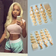 Load image into Gallery viewer, NY Virgin Hair Honey Blonde Bundles With Closure Virgin Brazilian Human Hair Bundles Body Wave Color 613 Bundles With Lace Closure - NYvirginhair
