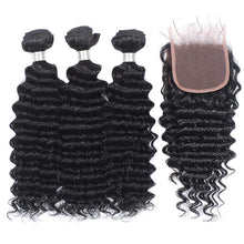 Load image into Gallery viewer, NY Virgin Hair 8a Deep Wave Human Hair 3 Bundles With 4x4 Closure
